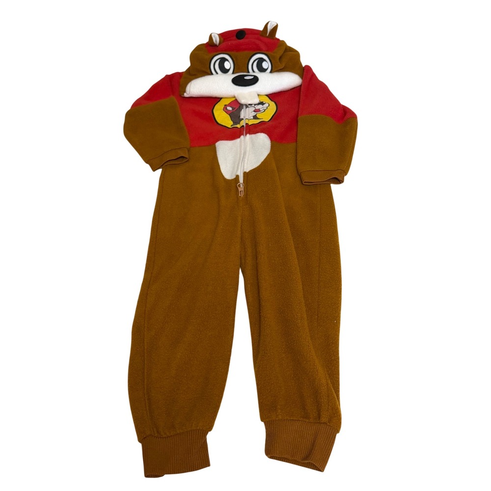 Buc-ee's Beaver Toddler 3T Fleece Hooded One Piece Pajamas Suit Brown Red